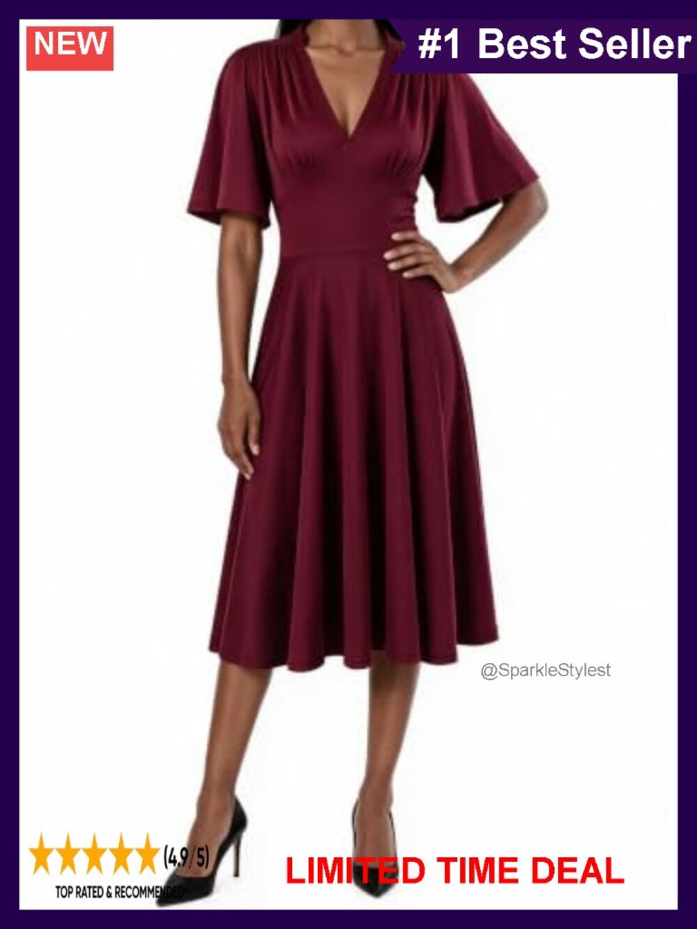 Vintage 1950s Rockabilly Swing Cocktail Party Dress Knee Length V-Neck